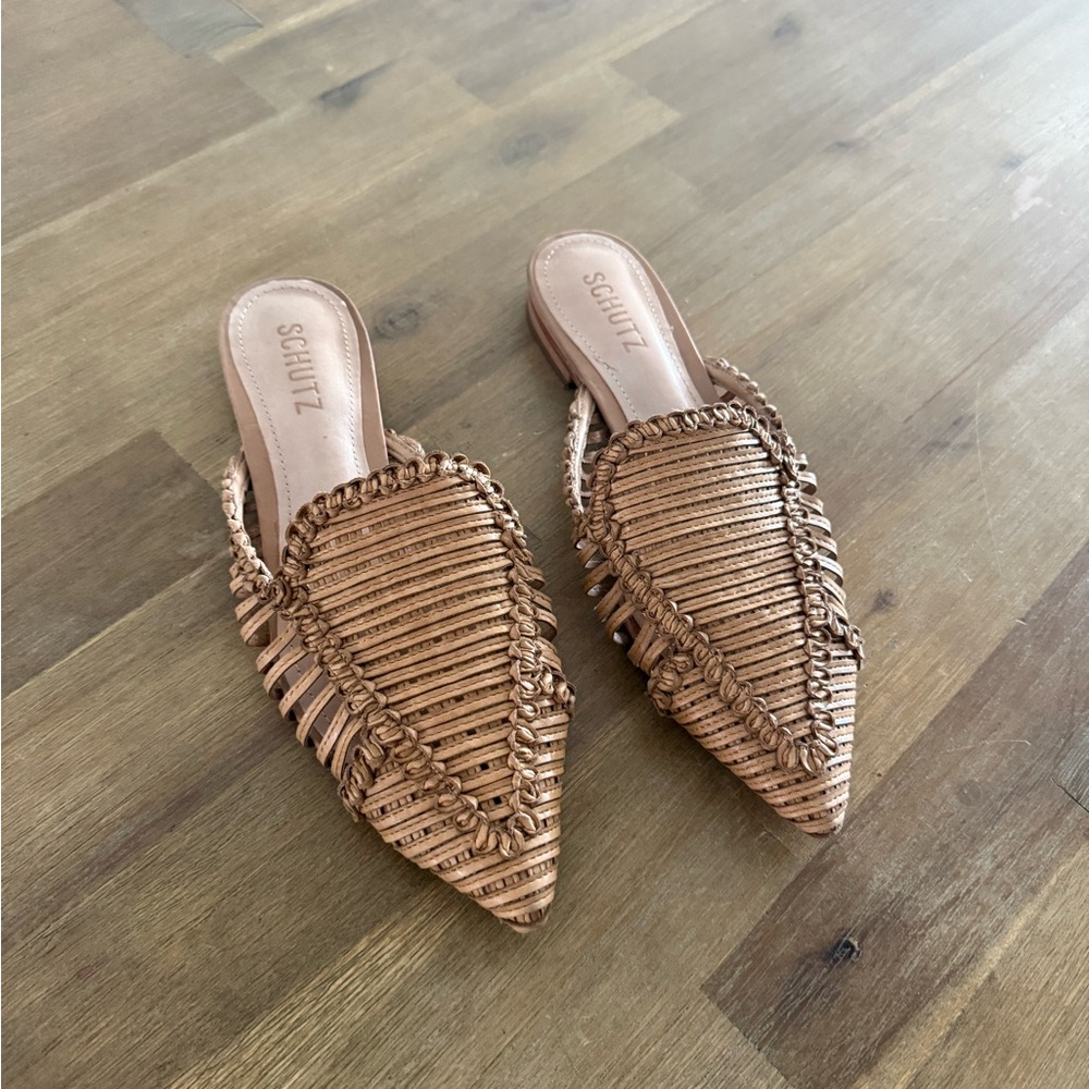 Schutz Pointed Toe Slides- tan